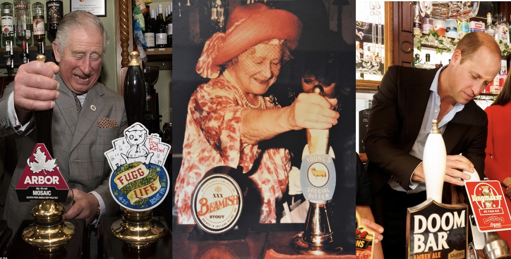 The Queen Mother, Charles III and Prince William pulling pints.